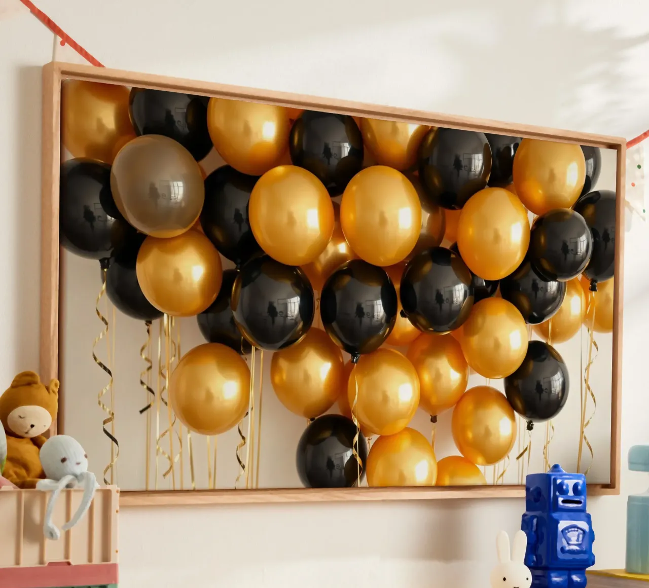 Celebrazione di un grappolo di palloncini neri e oro tela con Cornice a cassetta da DesignDoodle