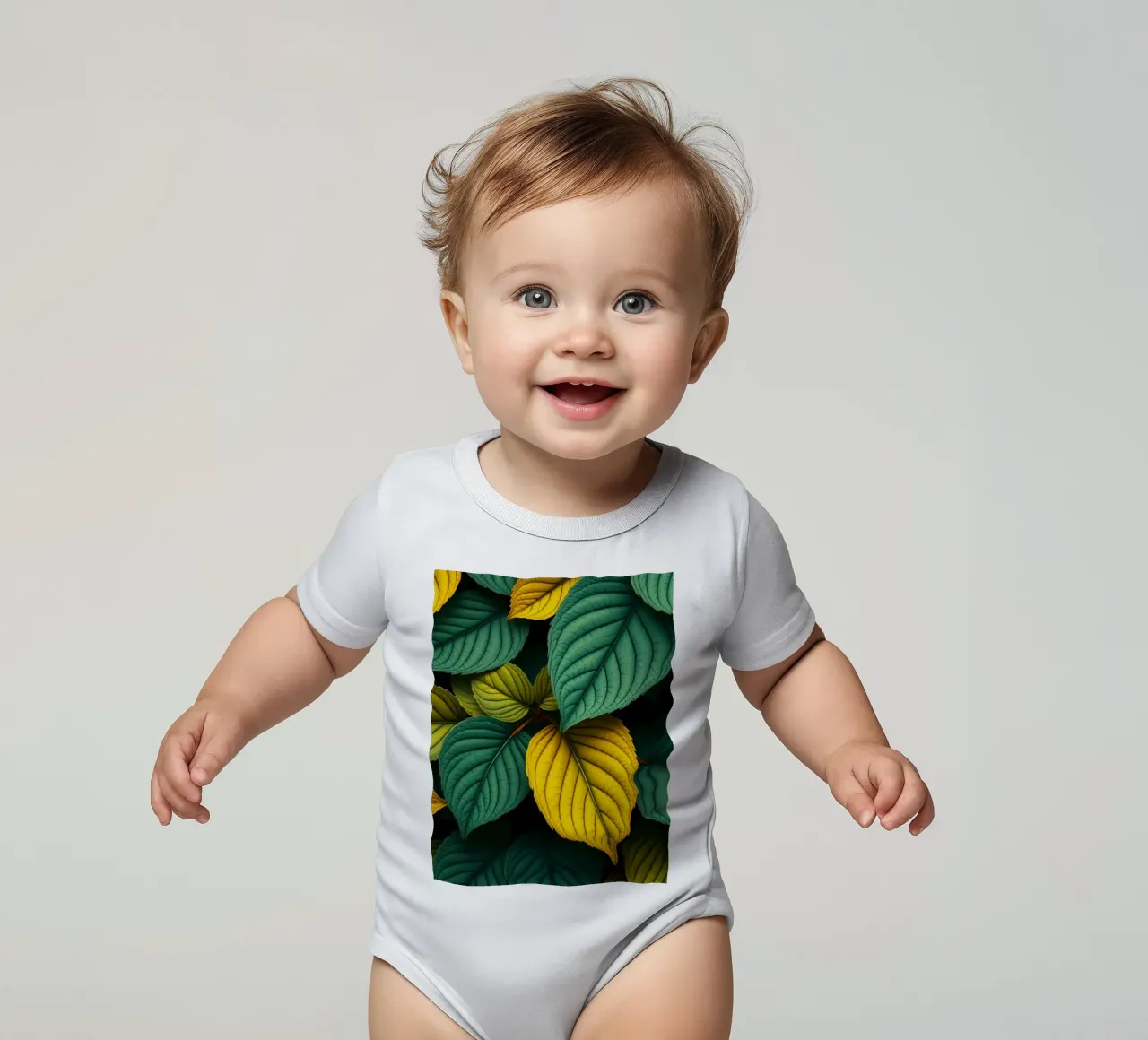 Disposizione di foglie colorate con texture e motivi ricchi di colore body neonato maniche corte da DesignDoodle