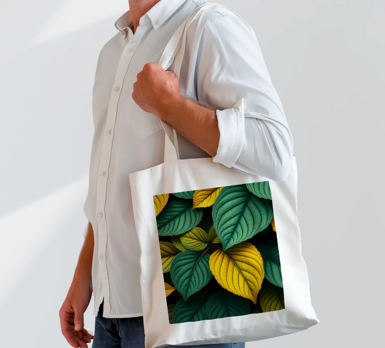 Disposizione di foglie colorate con texture e motivi ricchi di colore borsa in juta da DesignDoodle
