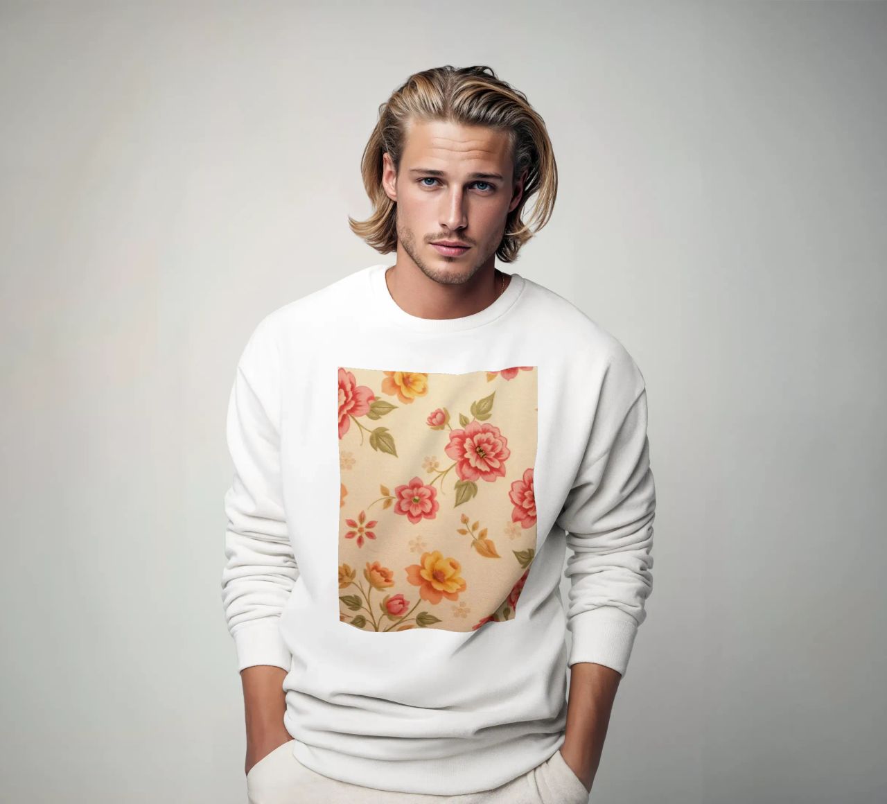 Beautiful floral pattern with vibrant colors on a light back sweatshirt by DesignDoodle
