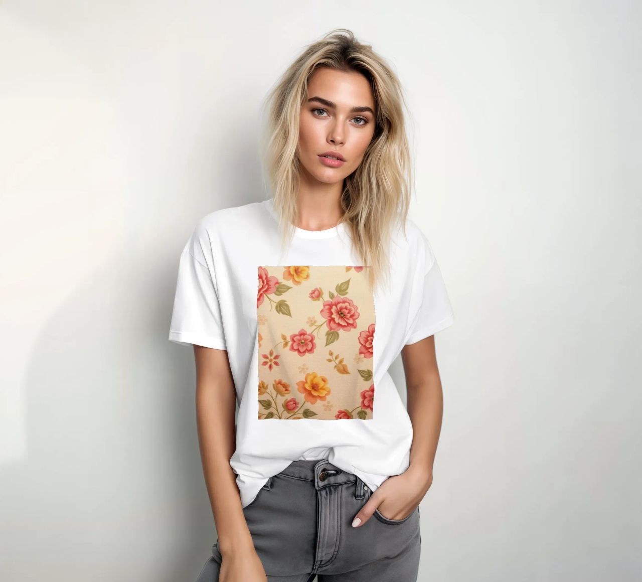 Beautiful floral pattern with vibrant colors on a light back t-shirt by DesignDoodle
