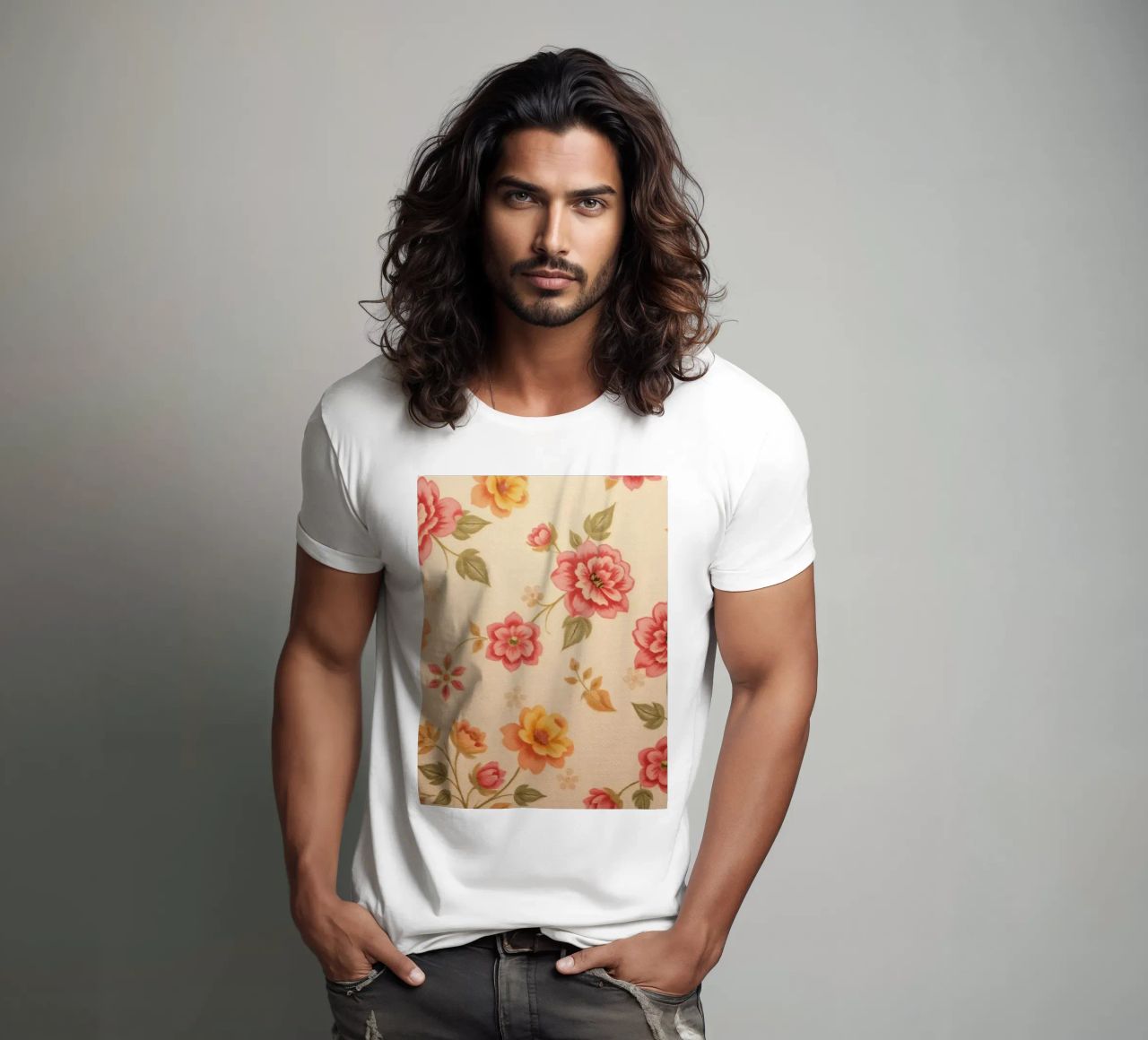 Beautiful floral pattern with vibrant colors on a light back t-shirt by DesignDoodle