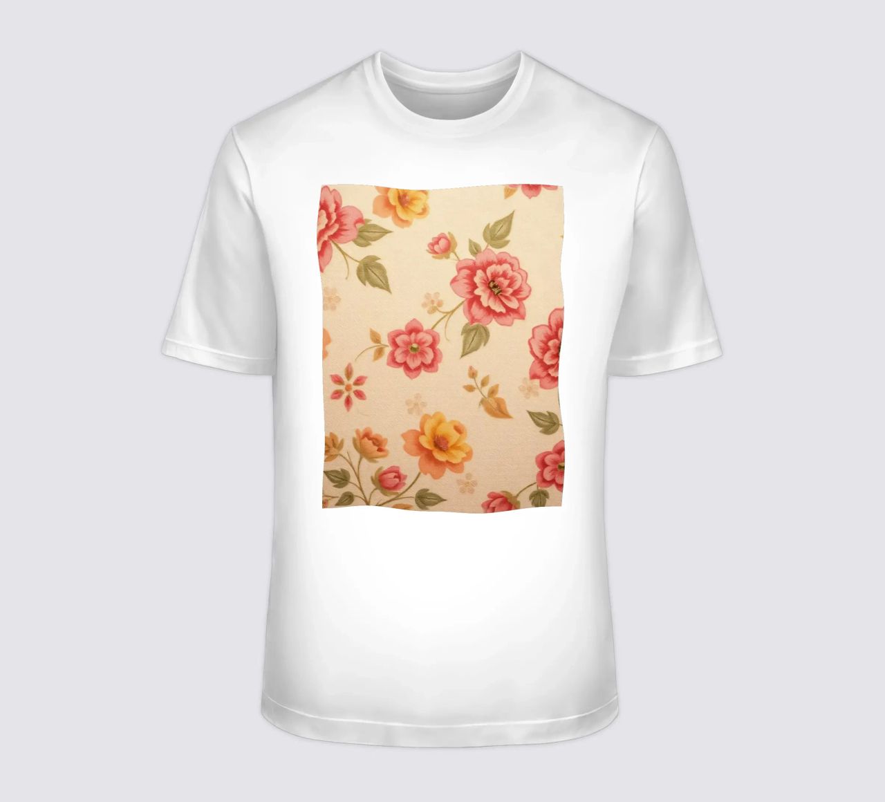 Beautiful floral pattern with vibrant colors on a light back t-shirt by DesignDoodle