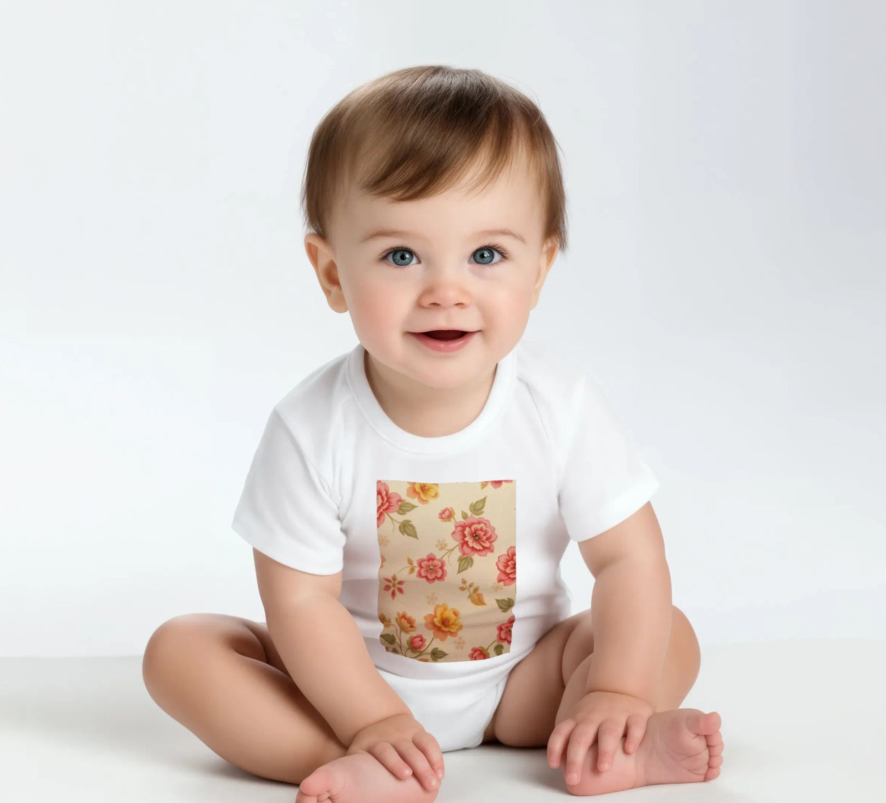 Beautiful floral pattern with vibrant colors on a light back short-sleeve baby romper by DesignDoodle