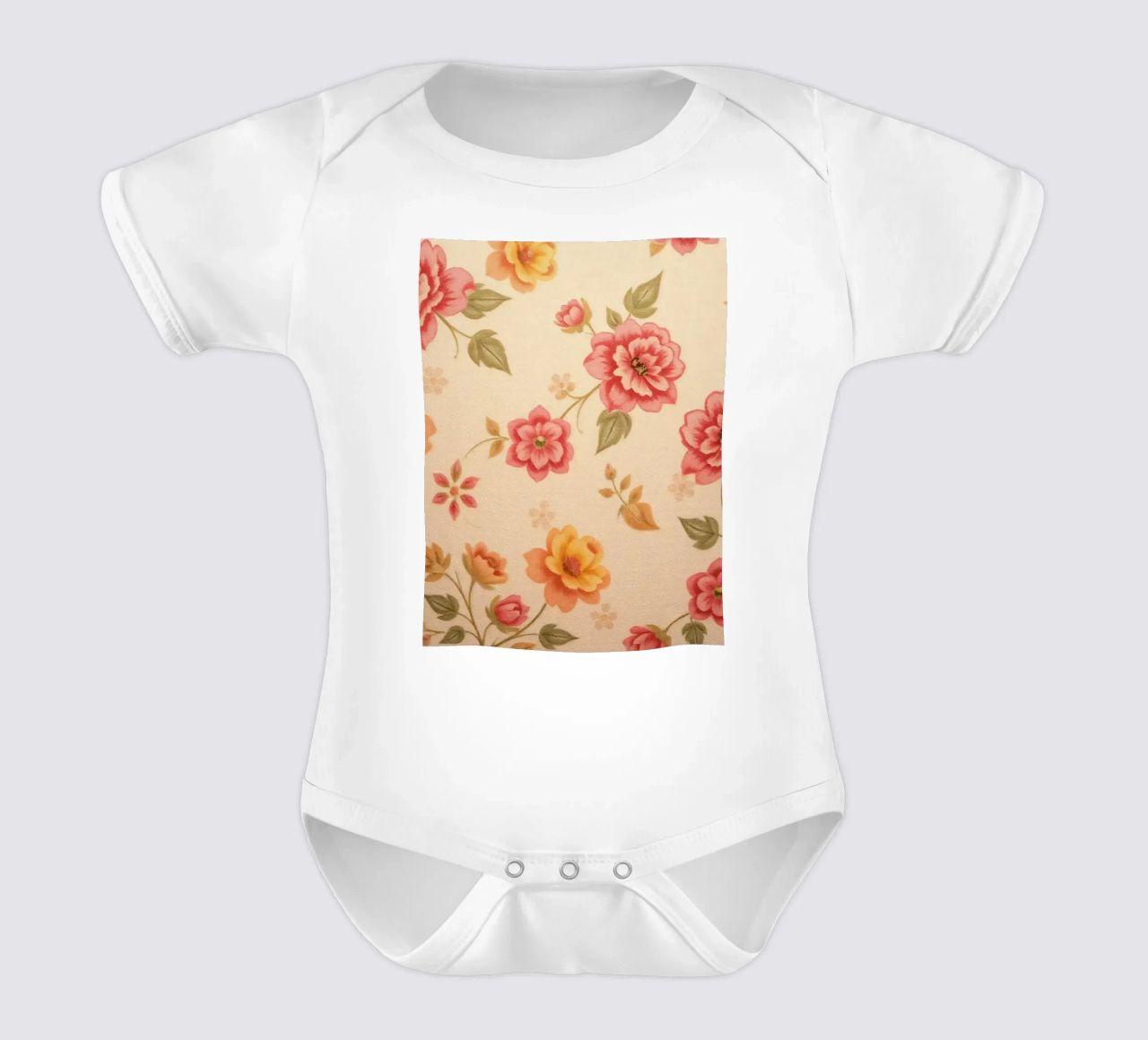 Beautiful floral pattern with vibrant colors on a light back short-sleeve baby romper by DesignDoodle