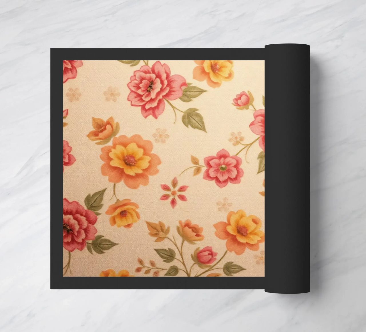 Beautiful floral pattern with vibrant colors on a light back doormat by DesignDoodle
