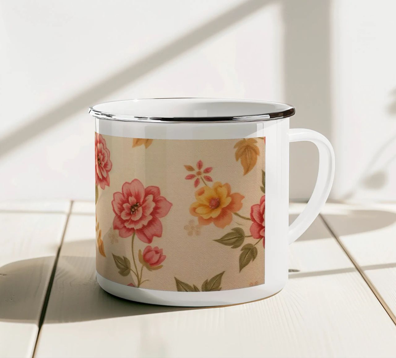 Beautiful floral pattern with vibrant colors on a light back enamel mug by DesignDoodle