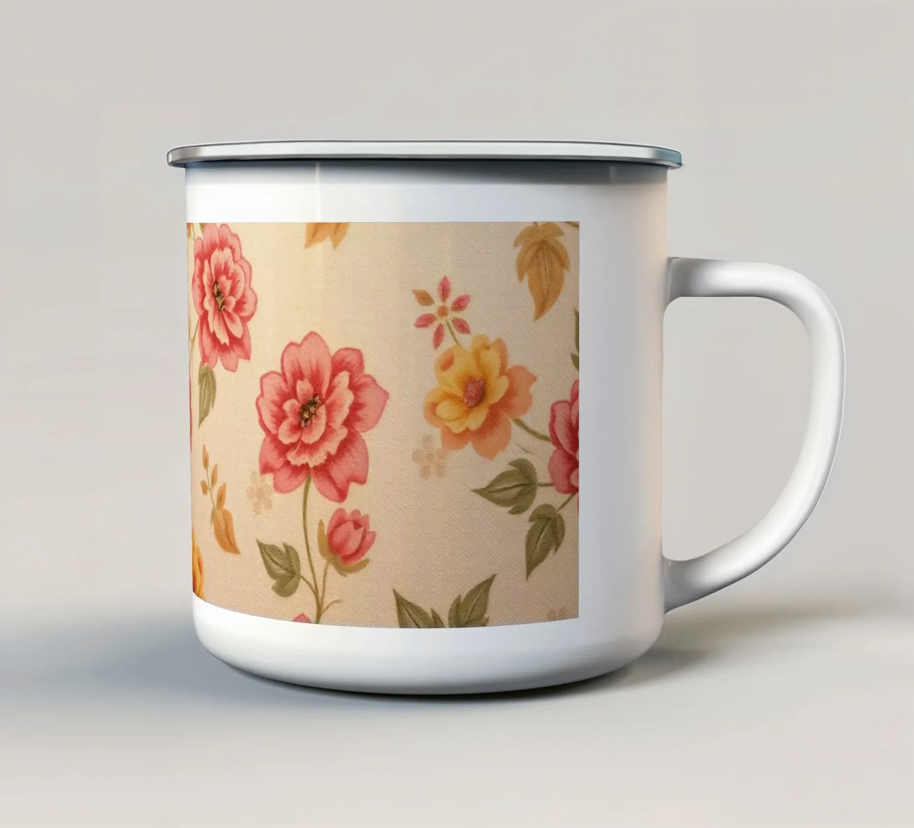 Beautiful floral pattern with vibrant colors on a light back enamel mug by DesignDoodle