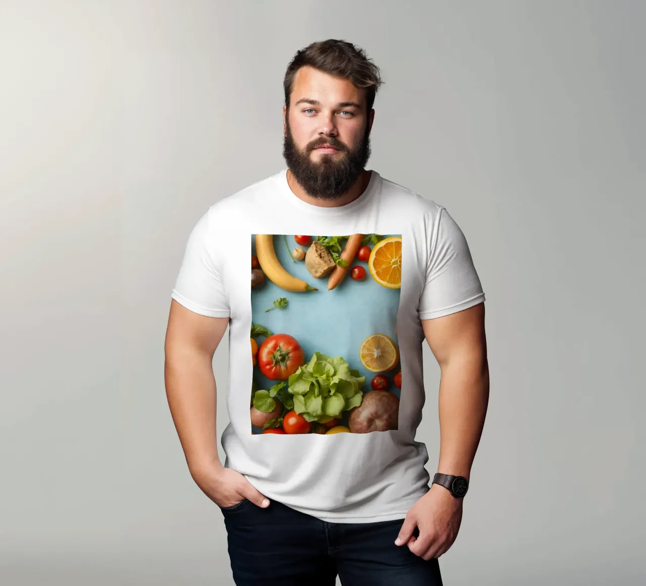 fresh vegetables and fruits on a blue background Copy space t-shirt by DesignDoodle