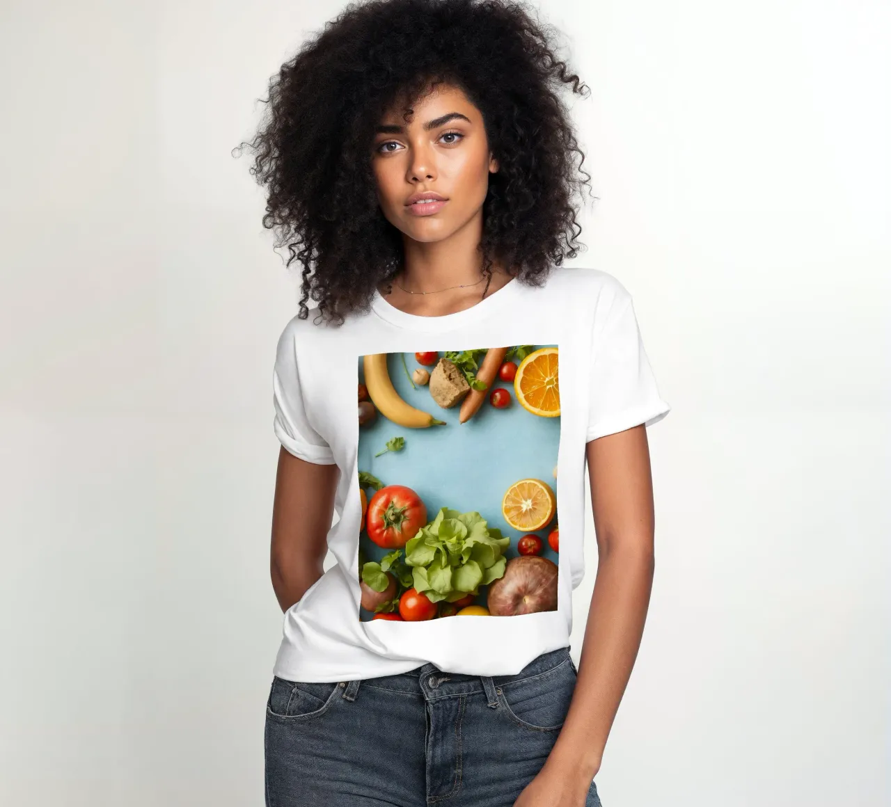 verdure fresche e frutta su sfondo blu Copy space t-shirt da donna da DesignDoodle