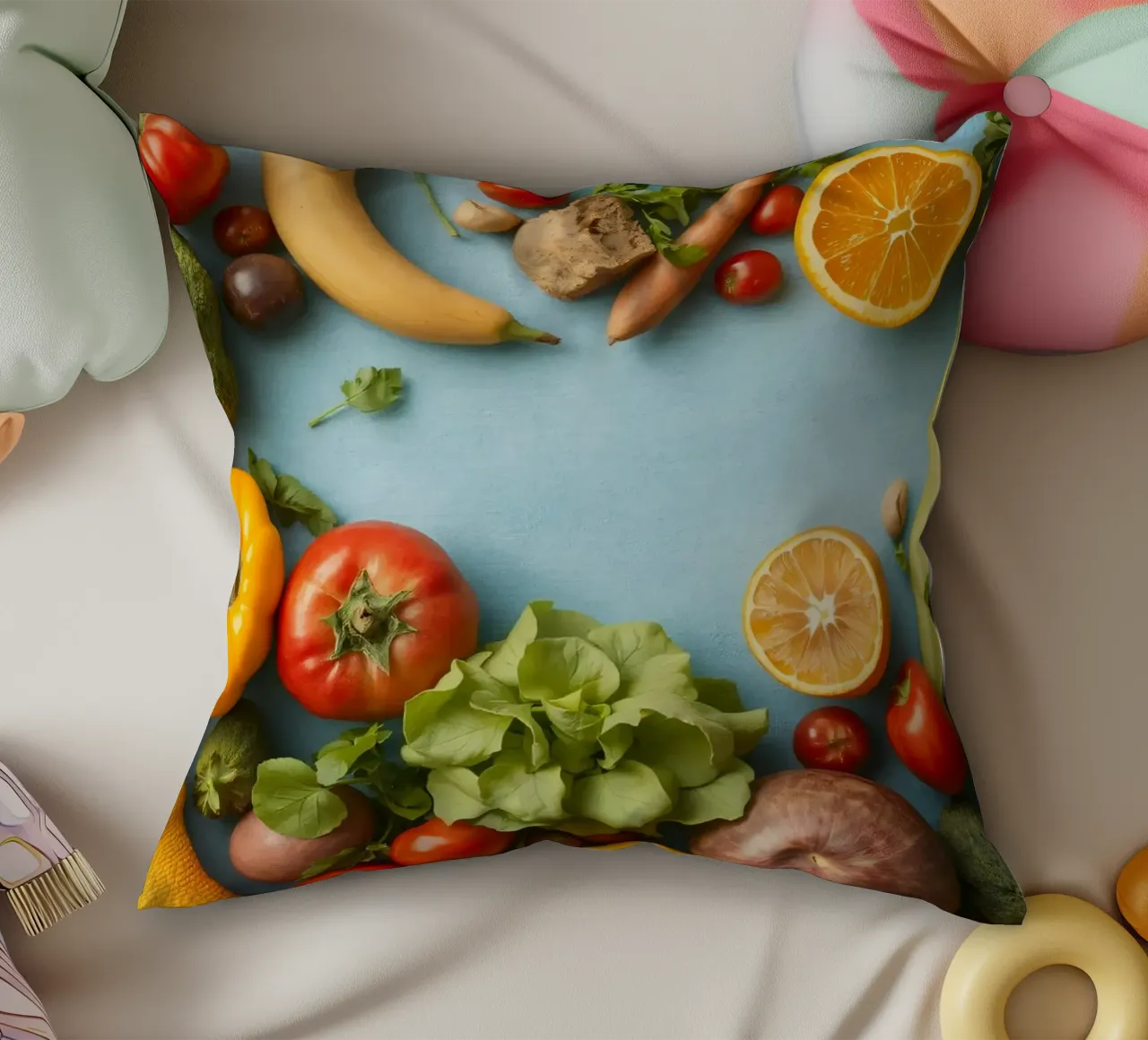 verdure fresche e frutta su sfondo blu Copy space cuscino da DesignDoodle