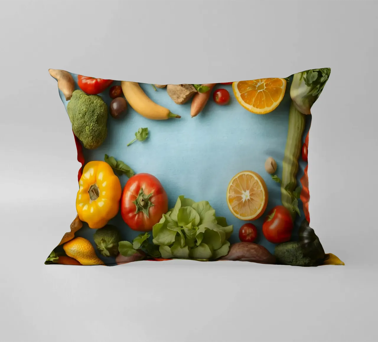 verdure fresche e frutta su sfondo blu Copy space cuscino da DesignDoodle