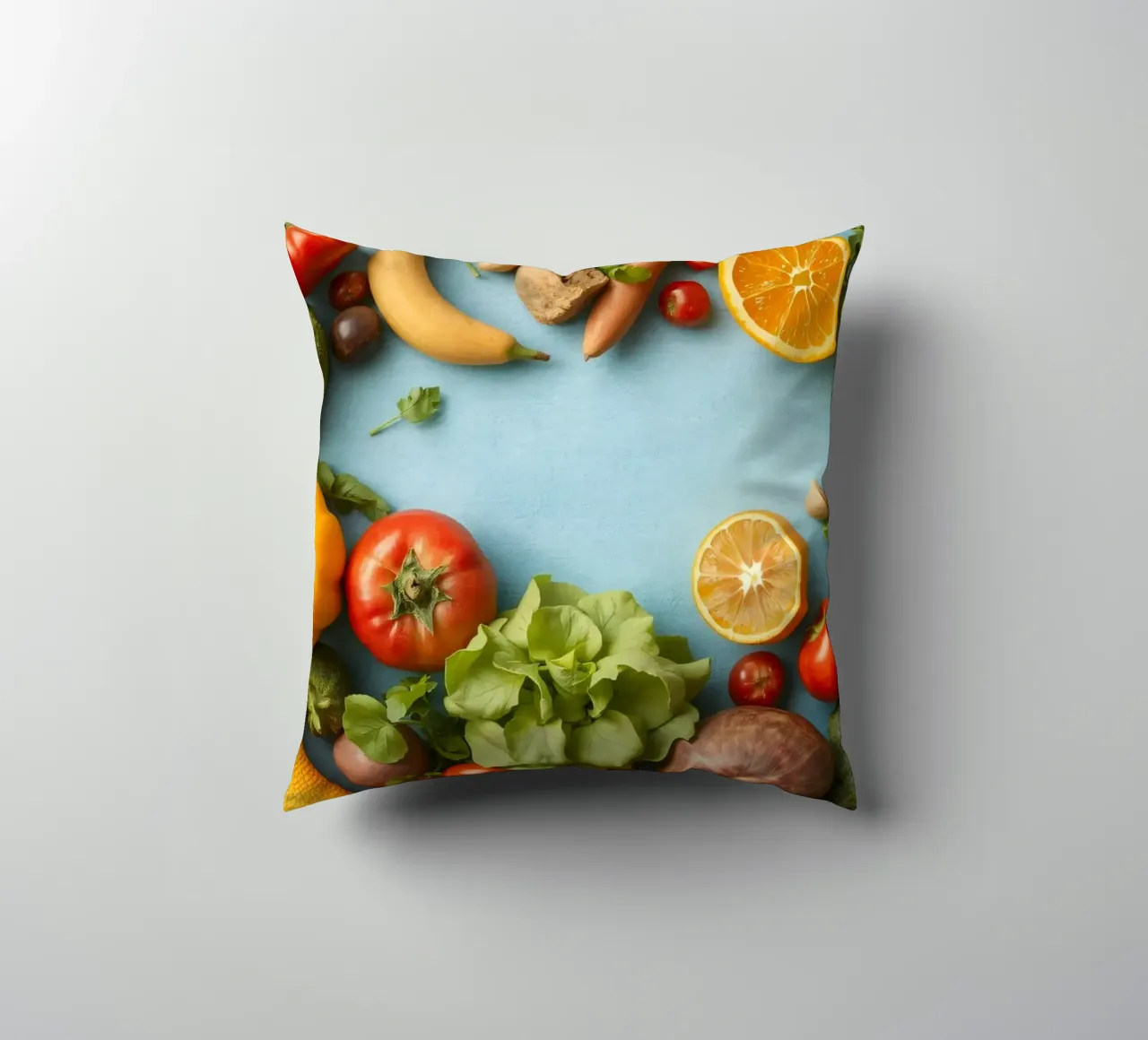 verdure fresche e frutta su sfondo blu Copy space cuscino da DesignDoodle