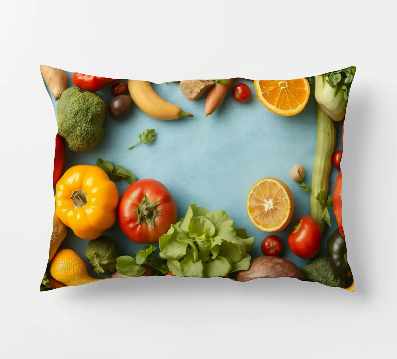 verdure fresche e frutta su sfondo blu Copy space cuscino da DesignDoodle