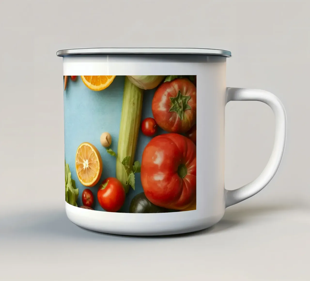 verdure fresche e frutta su sfondo blu Copy space tazza in smalto da DesignDoodle