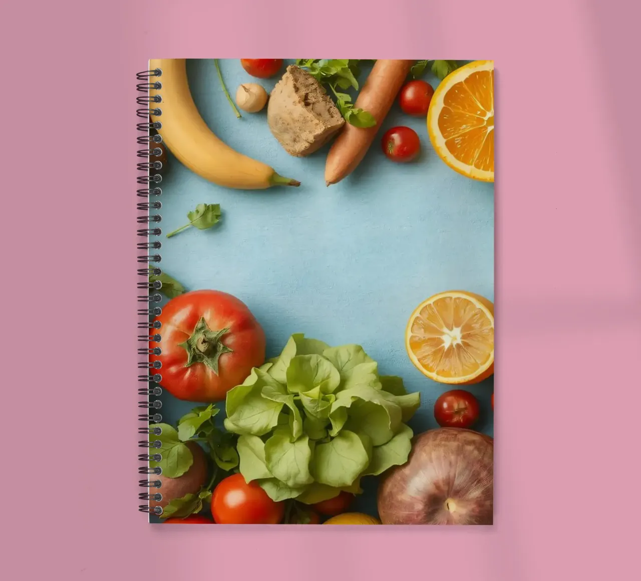 fresh vegetables and fruits on a blue background Copy space spiral notebook by DesignDoodle