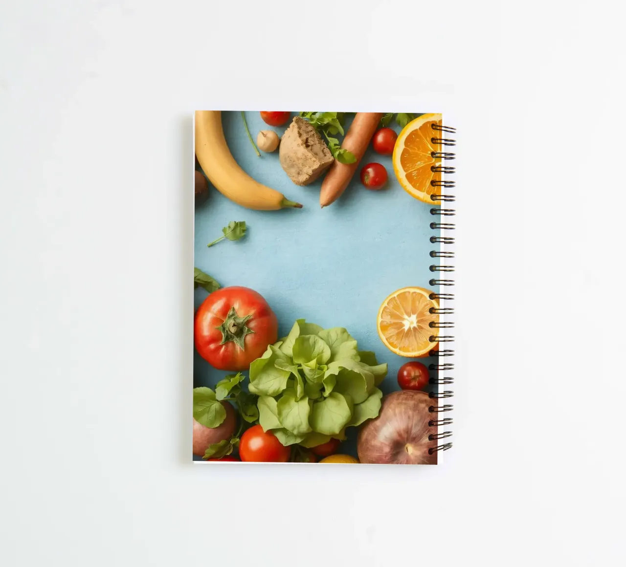 fresh vegetables and fruits on a blue background Copy space spiral notebook by DesignDoodle