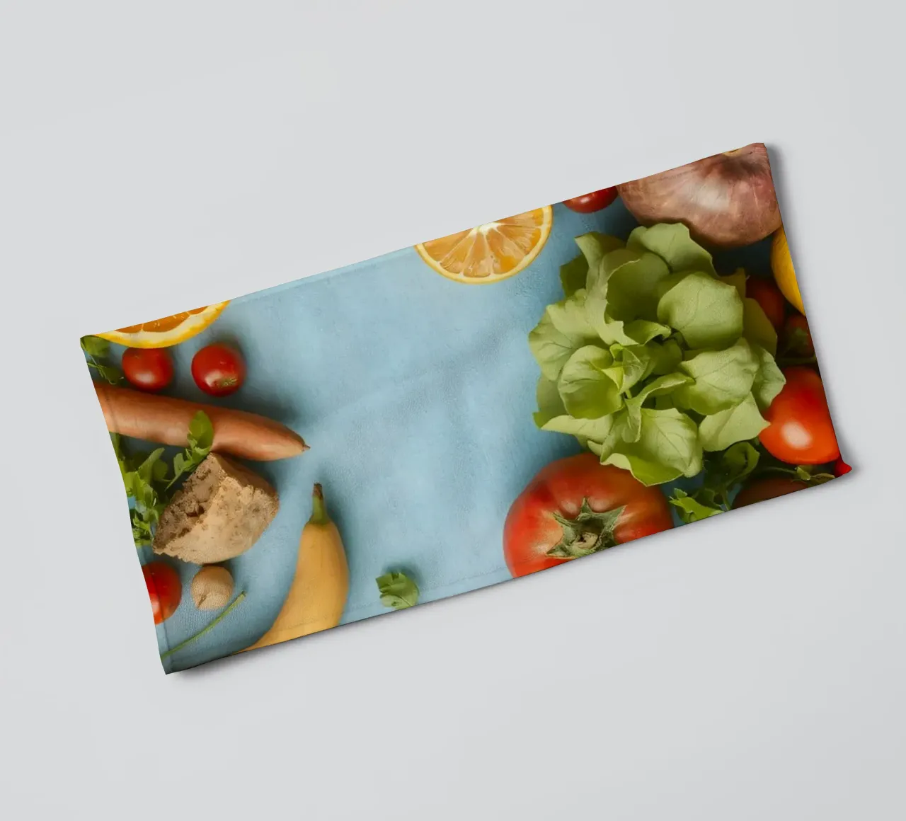 fresh vegetables and fruits on a blue background Copy space towel by DesignDoodle