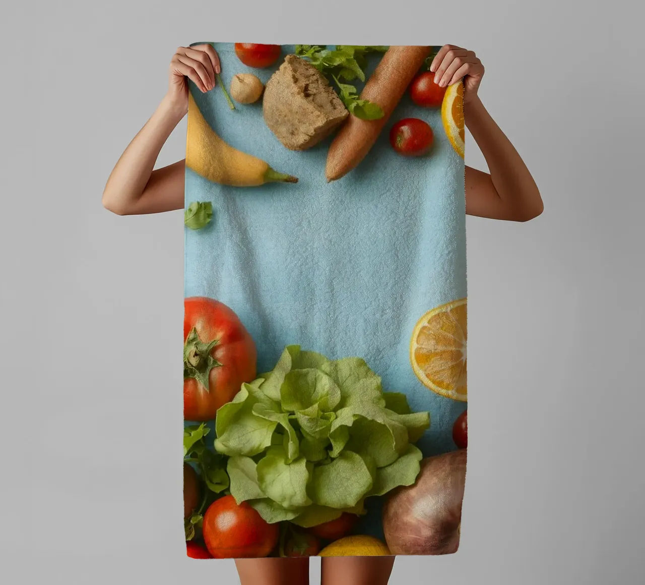 fresh vegetables and fruits on a blue background Copy space towel by DesignDoodle