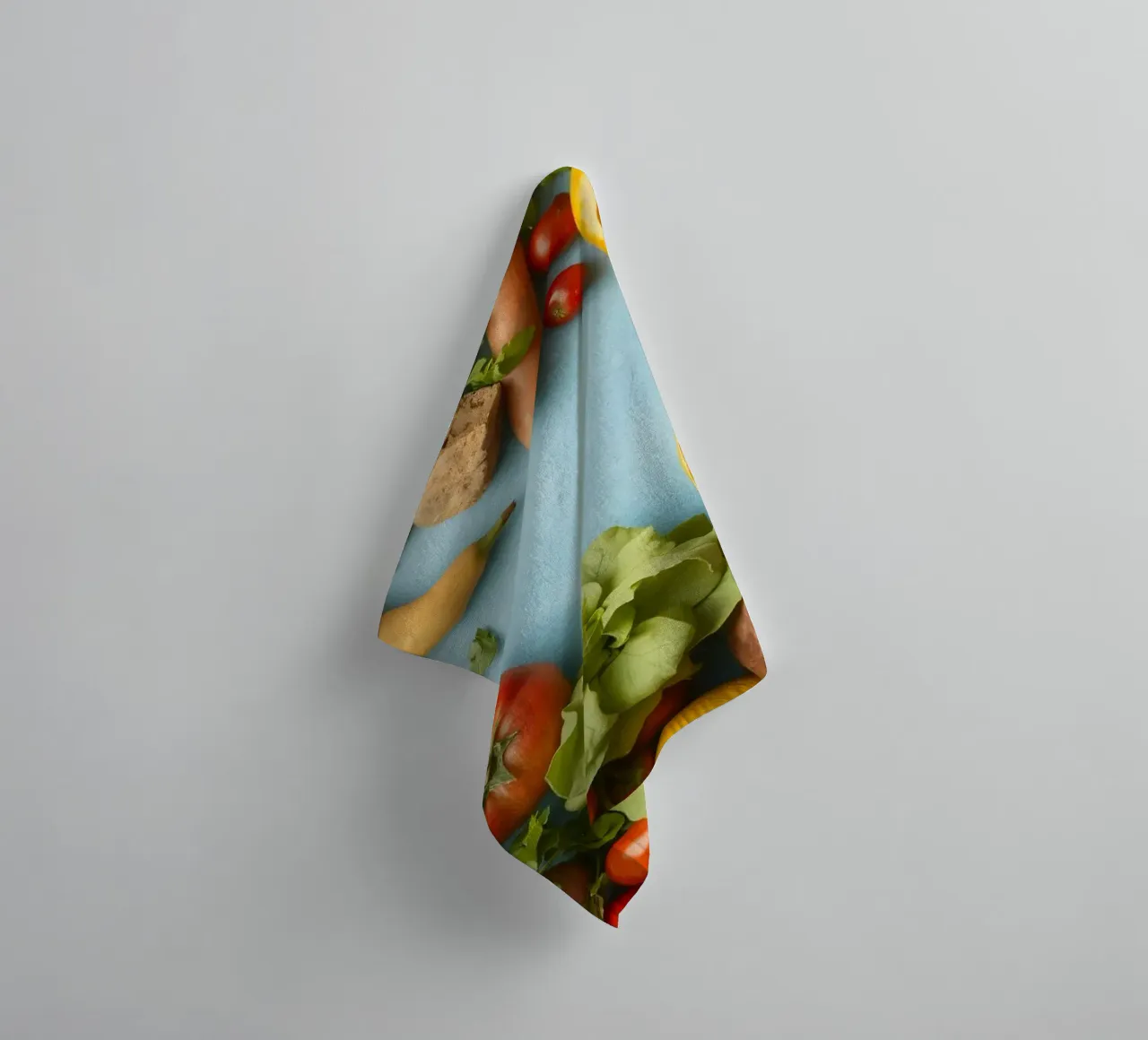 fresh vegetables and fruits on a blue background Copy space towel by DesignDoodle
