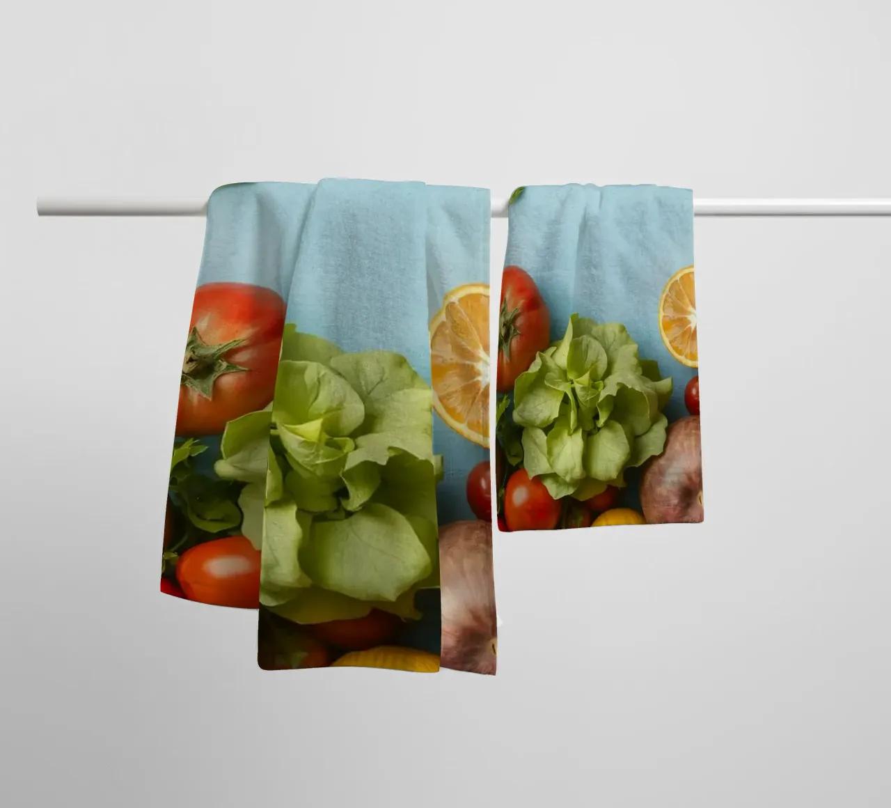 fresh vegetables and fruits on a blue background Copy space towel by DesignDoodle