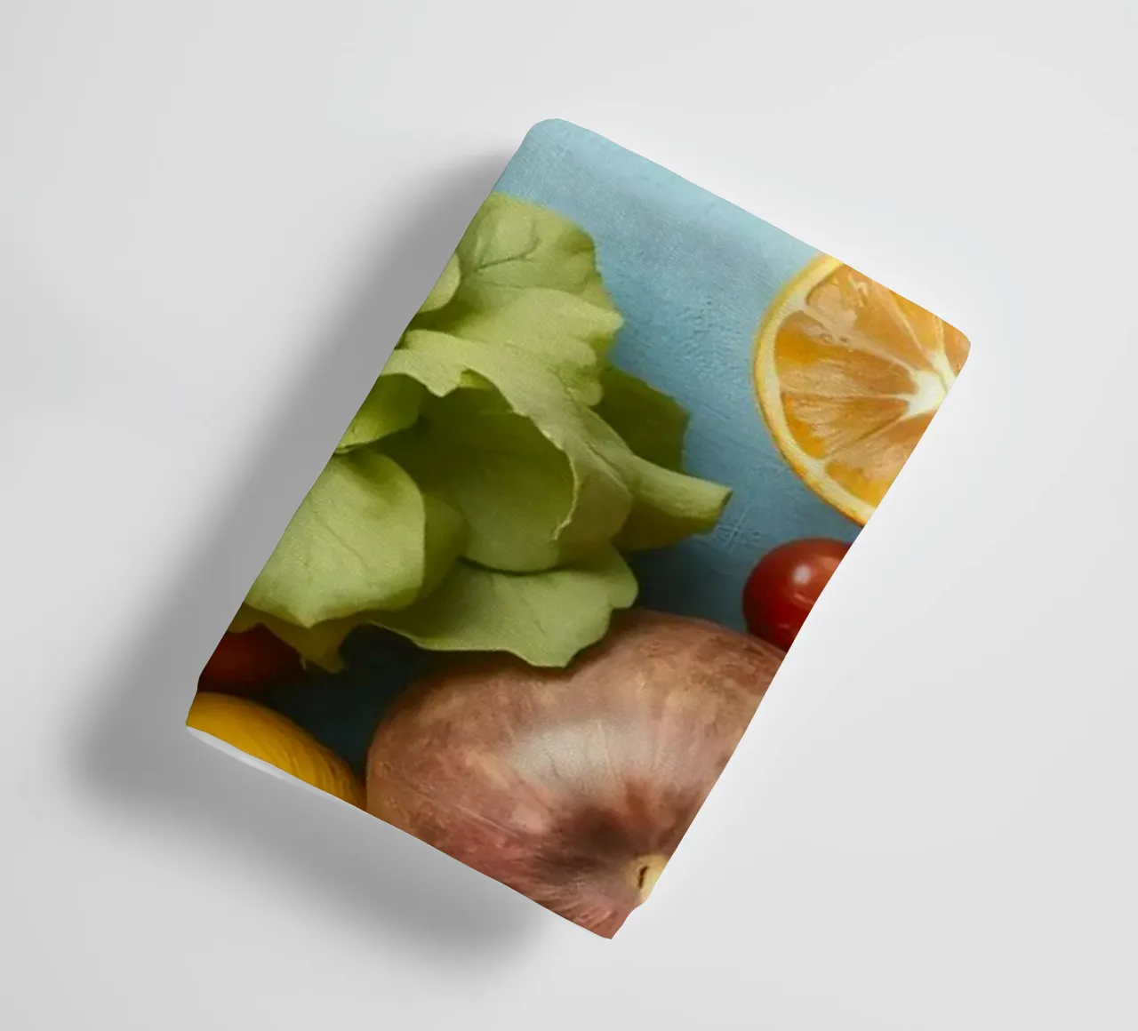 fresh vegetables and fruits on a blue background Copy space towel by DesignDoodle