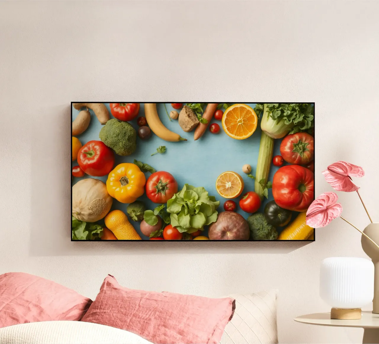verdure fresche e frutta su sfondo blu Copy space plexiglass da DesignDoodle