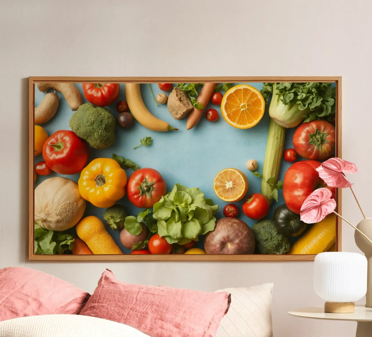 verdure fresche e frutta su sfondo blu Copy space alluminio dibond da DesignDoodle
