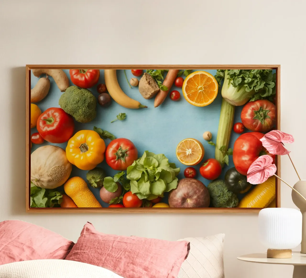 fresh vegetables and fruits on a blue background Copy space canvas by DesignDoodle