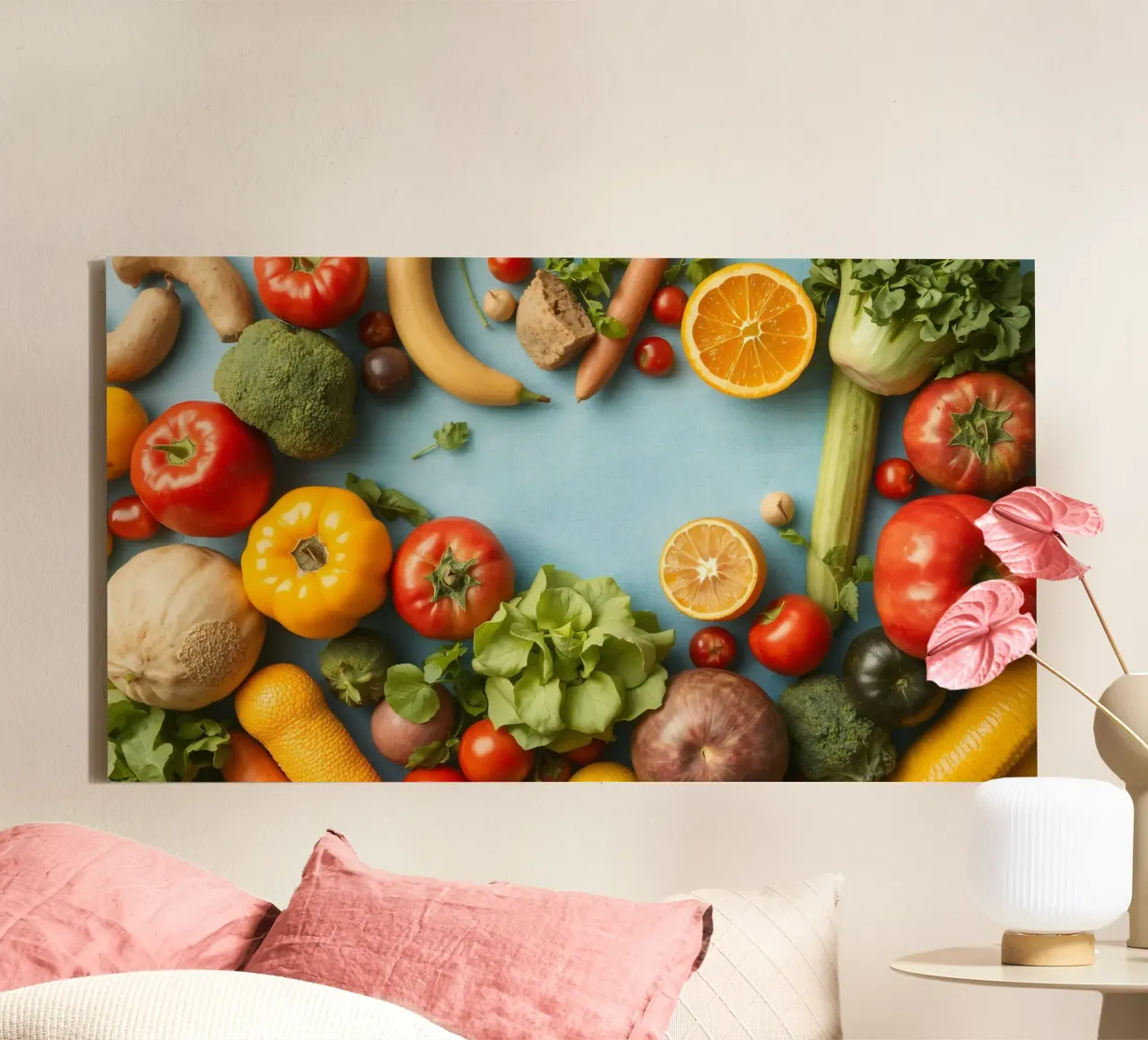 fresh vegetables and fruits on a blue background Copy space canvas by DesignDoodle