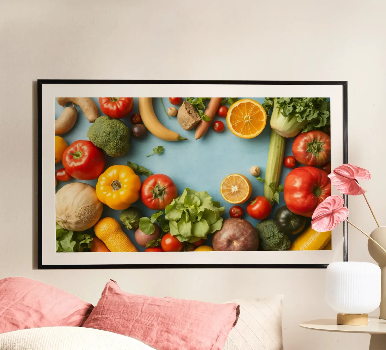fresh vegetables and fruits on a blue background Copy space hahnemühle by DesignDoodle