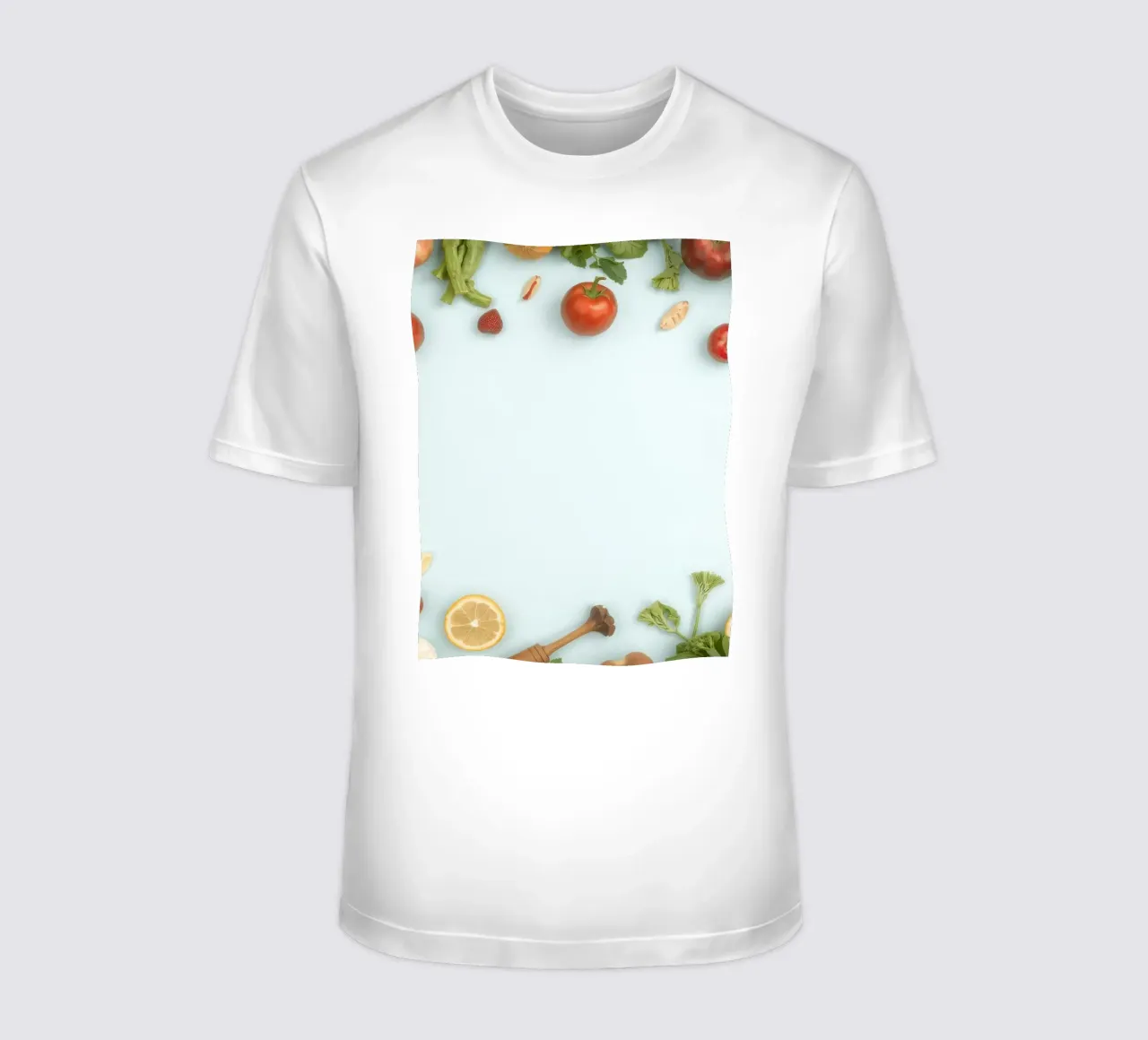 Verdura e frutta fresca disposte in modo artistico Copy Space t-shirt da DesignDoodle