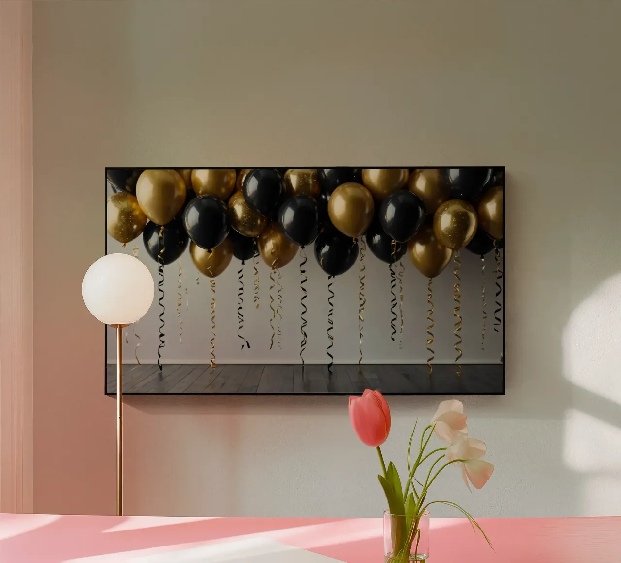 Fondale per festeggiamenti con palloncini neri e oro plexiglass da DesignDoodle