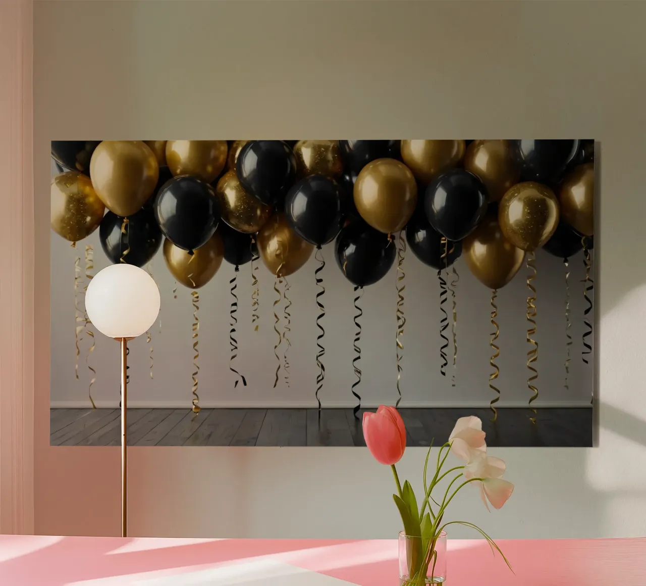 Fondale per festeggiamenti con palloncini neri e oro alluminio dibond da DesignDoodle