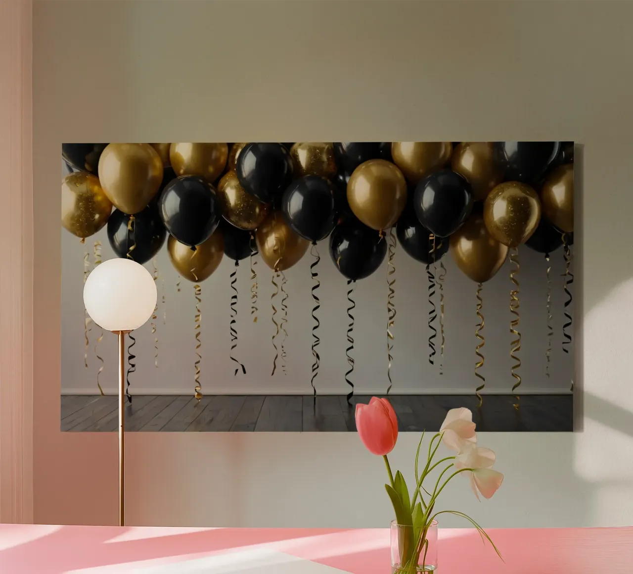 Feestelijke achtergrond met zwarte en gouden ballonnen canvas met Baklijst van DesignDoodle