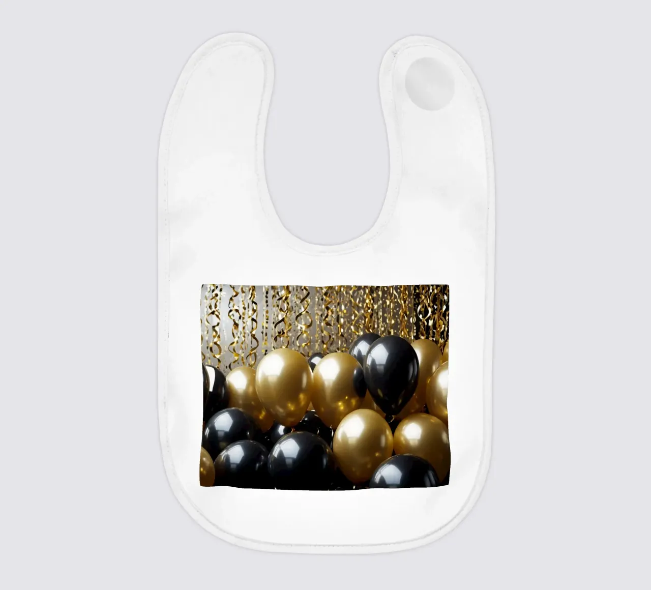 Vibrante composizione di palloncini neri e oro bavaglino da DesignDoodle