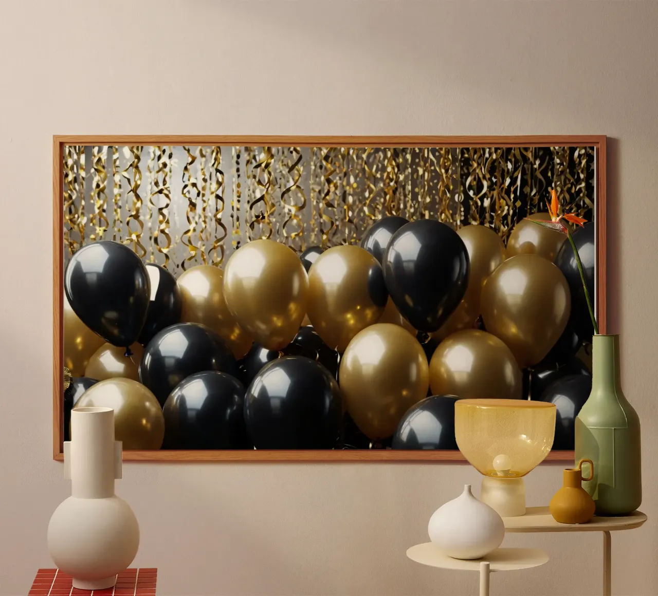Vibrante composizione di palloncini neri e oro alluminio dibond da DesignDoodle