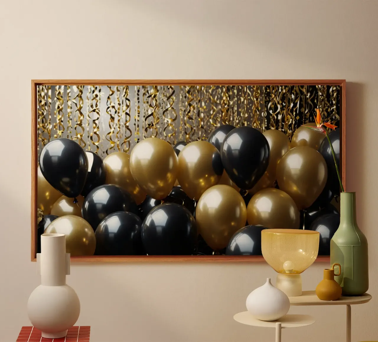 Vibrante composizione di palloncini neri e oro tela con Cornice a cassetta da DesignDoodle