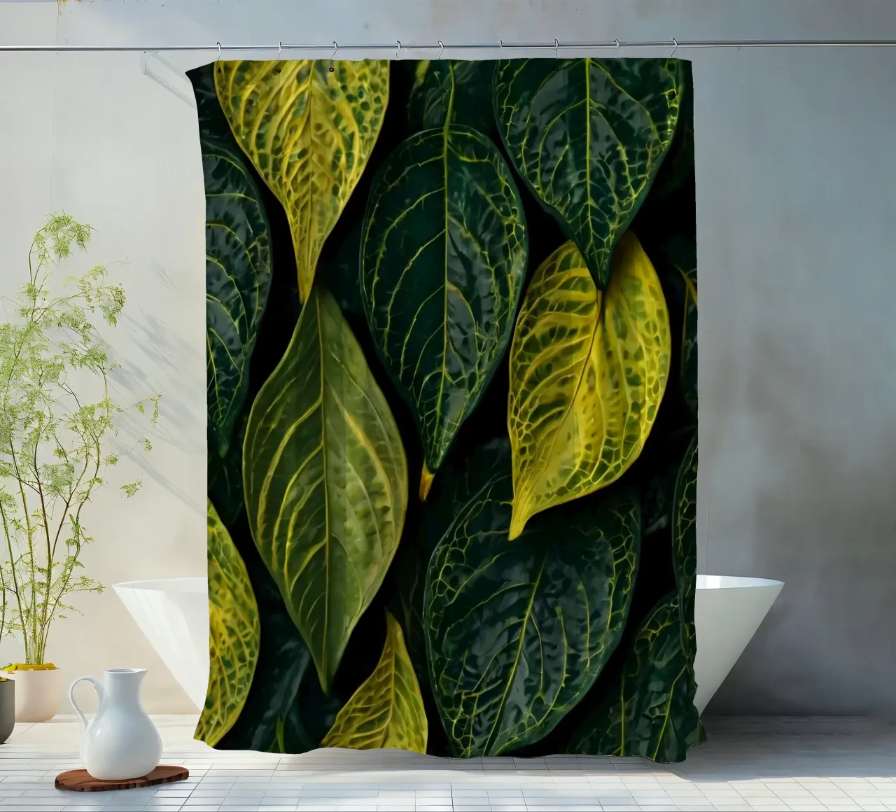 Hojas verdes y amarillas en una composición abstracta cortina de baño de DesignDoodle