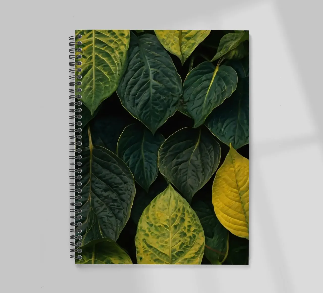 Lush green and yellow leaves create a vibrant abstract wallp spiral notebook by DesignDoodle