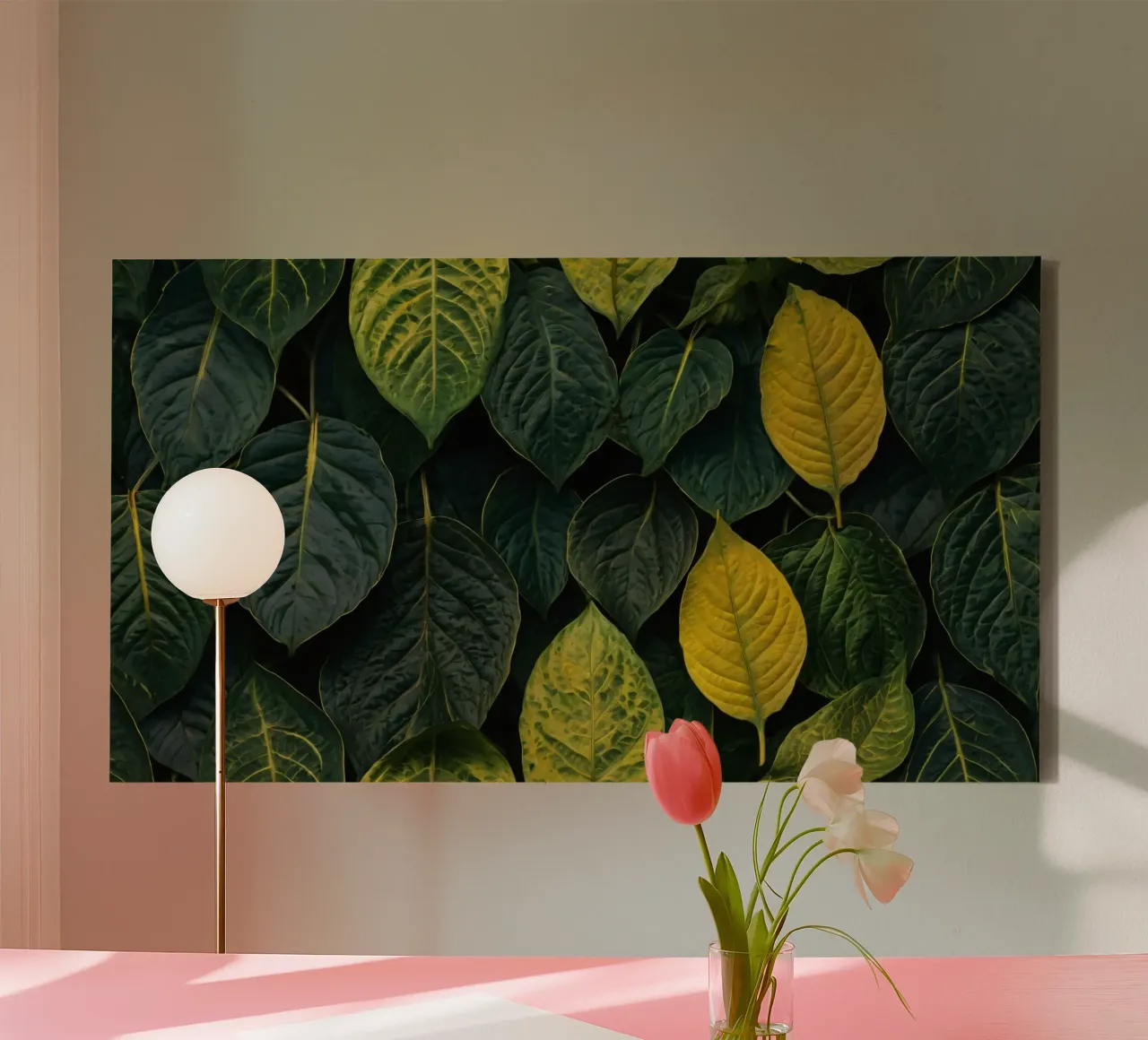 Lush green and yellow leaves create a vibrant abstract wallp canvas by DesignDoodle