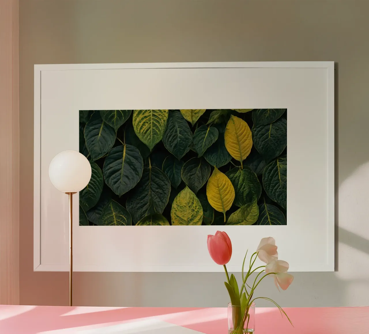 Lush green and yellow leaves create a vibrant abstract wallp poster with aluminum frame by DesignDoodle