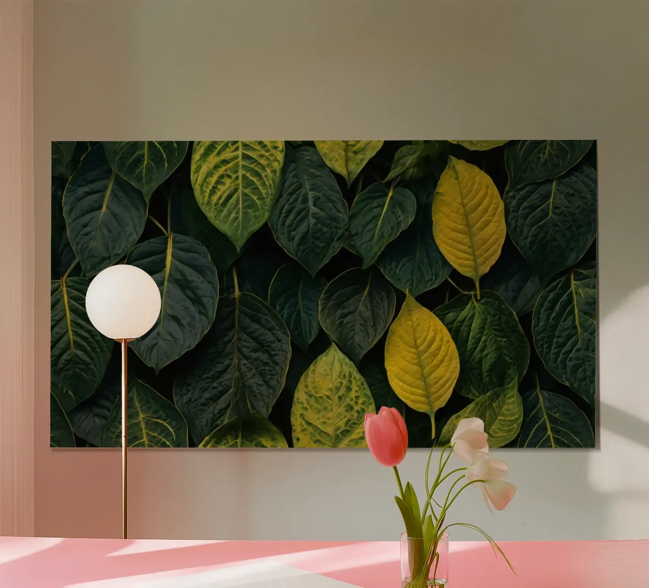 Lush green and yellow leaves create a vibrant abstract wallp poster with aluminum frame by DesignDoodle