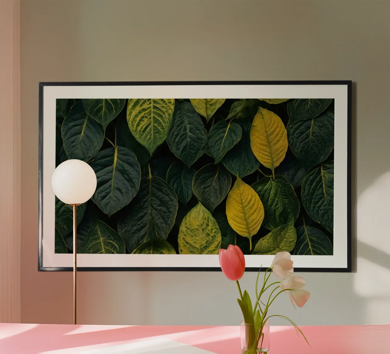 Lush green and yellow leaves create a vibrant abstract wallp poster with aluminum frame by DesignDoodle