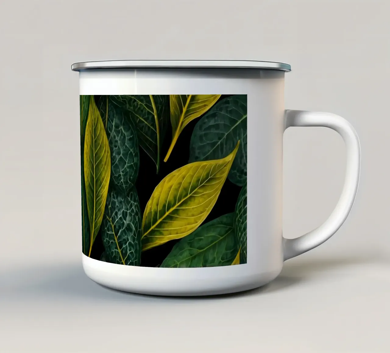 Sfondo di foglie verdi e gialle tazza in smalto da DesignDoodle