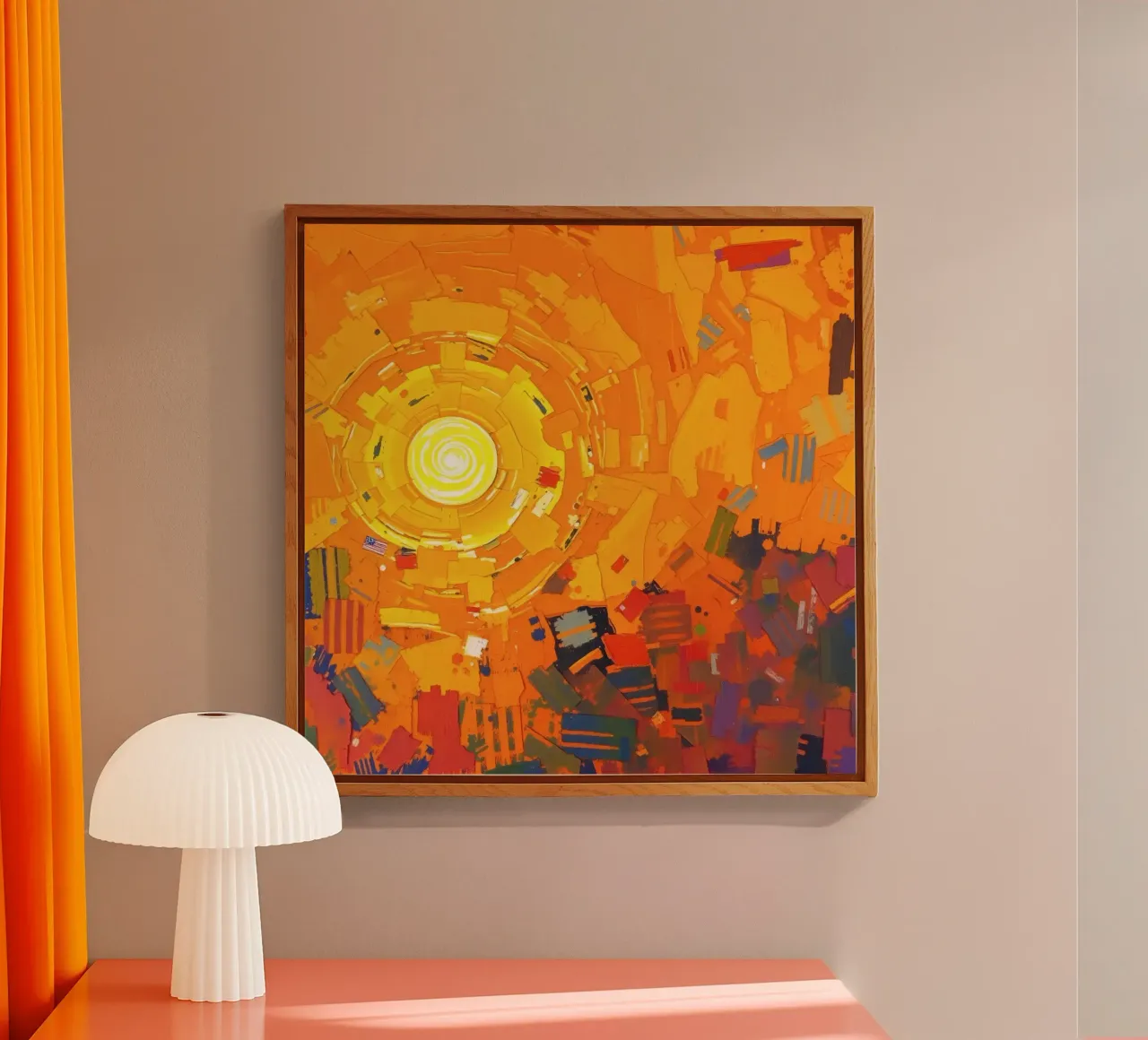 Bright sun radiates over vibrant abstract landscape acrylic glass by DesignDoodle