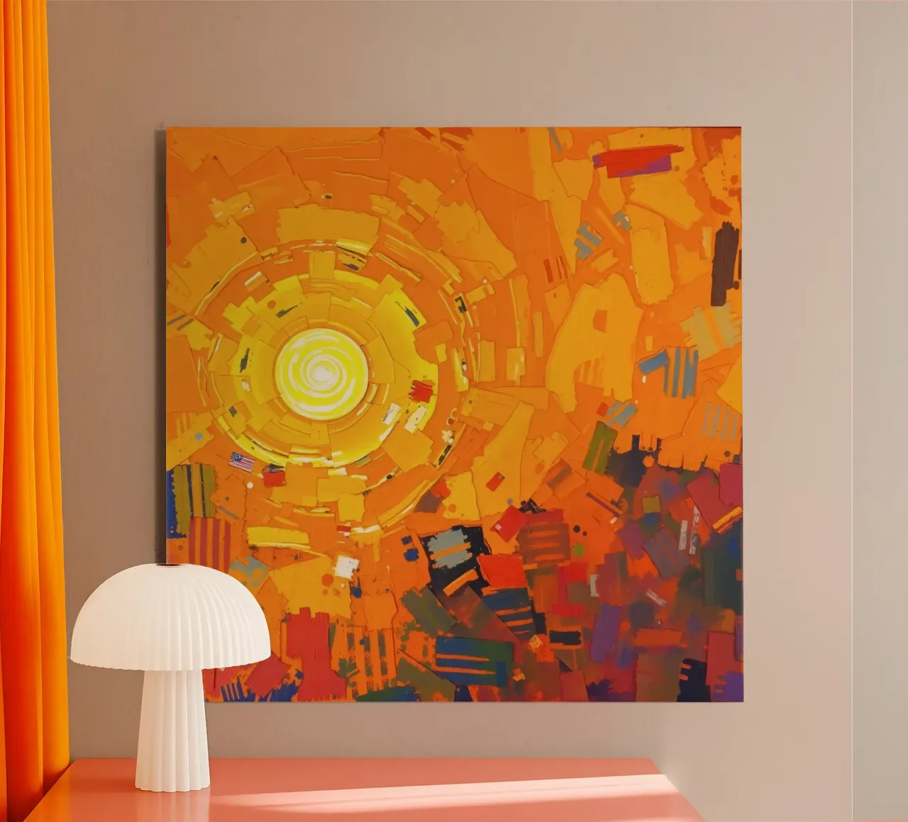 Un soleil radieux rayonne sur un paysage abstrait vibrant panneau forex de DesignDoodle