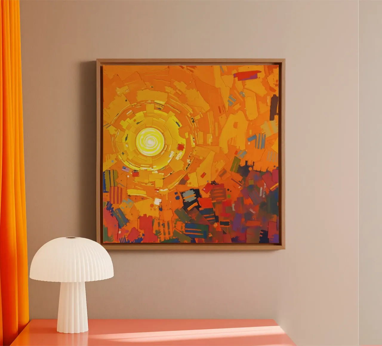 Heldere zon straalt over levendig abstract landschap canvas met Baklijst van DesignDoodle