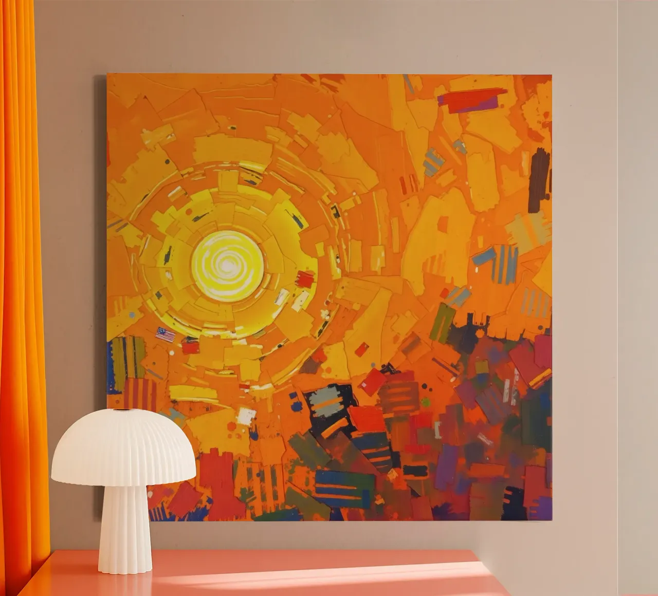 Heldere zon straalt over levendig abstract landschap canvas met Baklijst van DesignDoodle