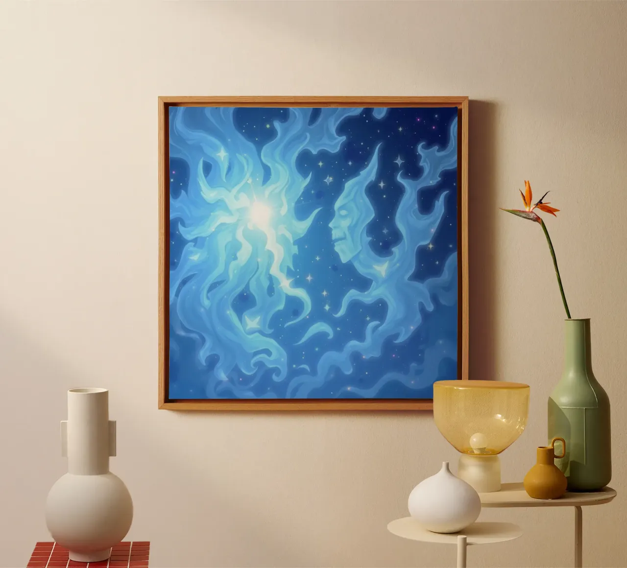 Mystical night sky with ethereal figures and glowing stars canvas with Floater frame by DesignDoodle